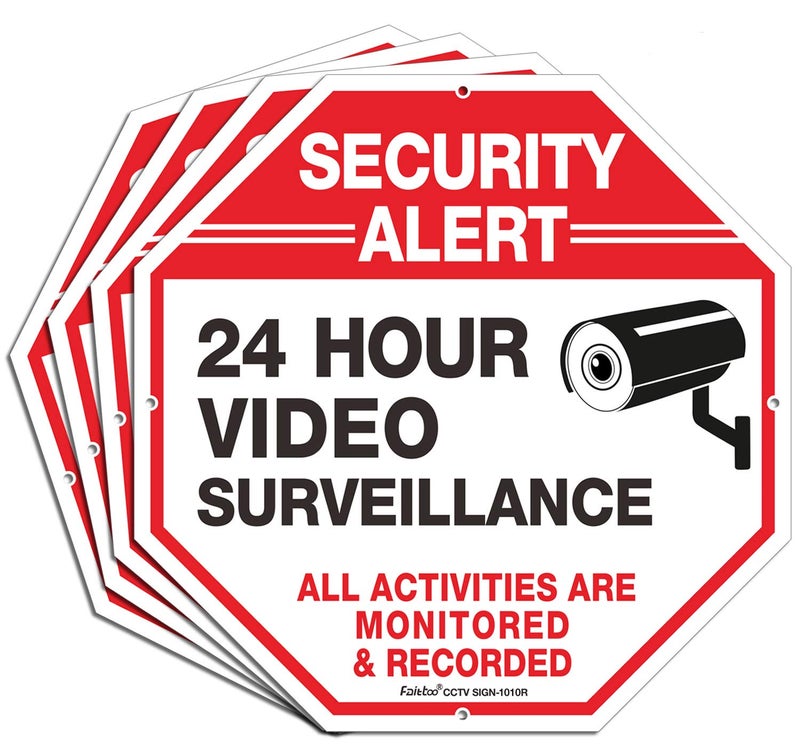 Faittoo Video Surveillance Sign, 4 Pack 10 x 10 Rust Free .040 Aluminum Security Warning Reflective Metal Signs, Indoor or Outdoor Use for Home Business CCTV Security Camera, UV Protected & Waterproof - Image 1